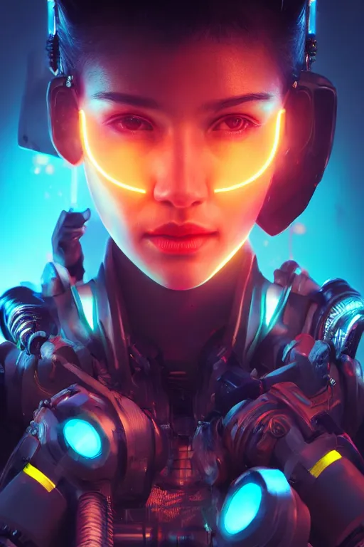 Prompt: beautiful close - up portrait of a cyborg mercenary girl, art by wlop and artgerm and liam wong, cyberpunk, neon, lens flare, elegant, highly detailed, trending on artstation, sharp focus, caustics, octane render, radiant light, 4 k