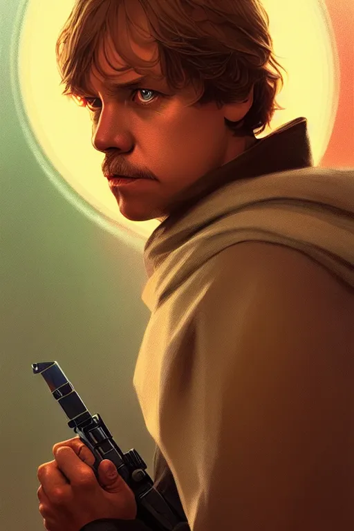 Image similar to a portrait of luke skywalker, fantasy, sharp focus, intricate, elegant, digital painting, artstation, matte, highly detailed, concept art, illustration, ambient lighting, art by ilya kuvshinov, artgerm, alphonse mucha, and greg rutkowski