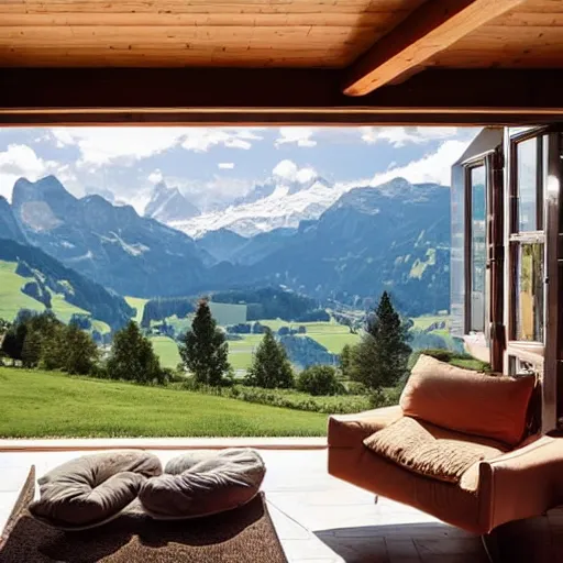 Image similar to a beautiful swiss home the mountains set the view inside of a living room the olivia room have a lot of windows the windows have a view of the beautiful mountains of switzerland it a sunny day professional photograph