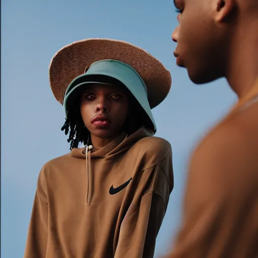 Image similar to realistic photoshooting for a new nike acg lookbook, color film photography, portrait of a beautiful woman, model is wearing a bucket hat, photo in style of tyler mitchell, 3 5 mm,