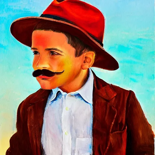 Image similar to a man with brown hair, mustache with a fedora hat, standing next to a boy with a red shirt a messy brown hair painting