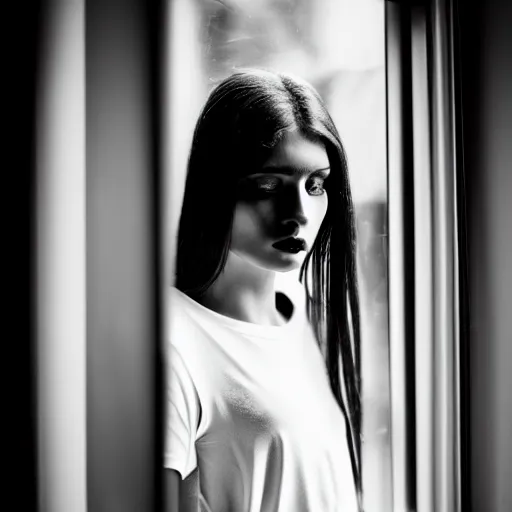 Image similar to black and white fashion photography of a beautiful depressed Woman with detailed face in the heroine chique style standing by the window, natural light, sigma 85mm f/1.4 1/10 sec shutter