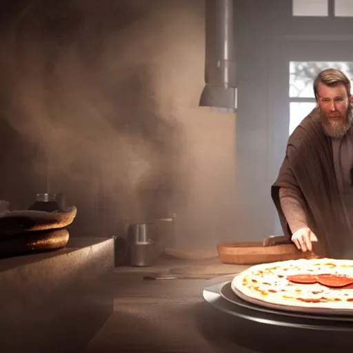 Prompt: A still of Ben Kenobi making a pizza, 4k, photograph, ultra realistic, highly detailed, professional lighting