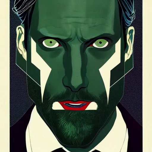 Image similar to Joshua Middleton comic art, wide shot, handsome elegant male Mads Mikkelson, spy, kabuki mask, beautiful evil sneer, symmetrical face, symmetrical eyes, leather clothing and boots, long straight green black hair, full body, Indigo occult pattern