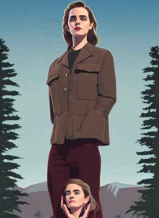 Image similar to Twin Peaks movie poster artwork by Michael Whelan and Tomer Hanuka, Rendering of Emma Watson & Kiernan Shipka meeting David Bowie the god spirit, from a scene from Twin Peaks, clean, full of detail, Matte painting, trending on artstation and unreal engine