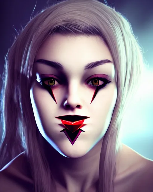 Prompt: realistic portrait of a scary young female game character with big equilateral triangle in place of a mouth, detailed portrait, high quality photo