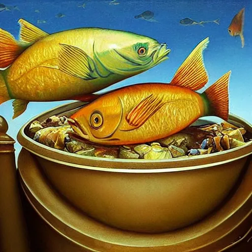 Prompt: a worried fish sitting on the top of a pile of fish, all the fish are inside a cooking pot, side view, by vladimir kush, dystopian art, rococo