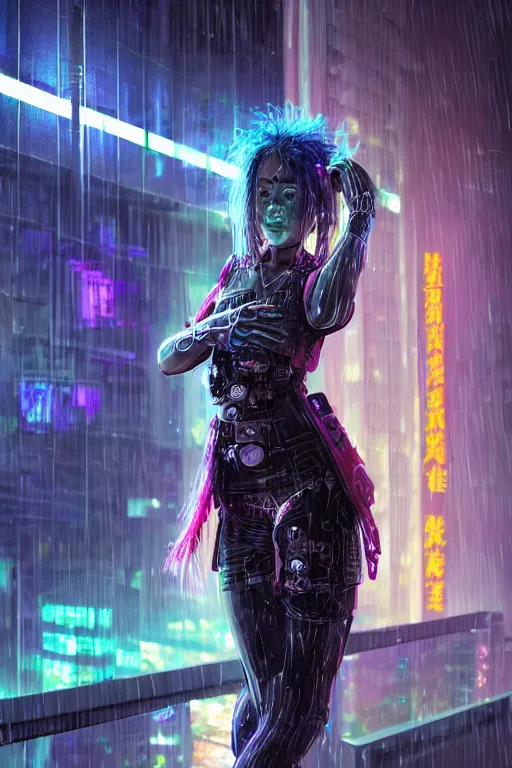 Prompt: portrait futuristic crazy cyberpunk young female Berserker, in futuristic heavily raindrop tokyo rooftop cyberpunk night, ssci-fi, fantasy, intricate, very very beautiful, elegant, neon light, highly detailed, digital painting, concept art, human anatomy, soft light, hdri, smooth, sharp focus, illustration, art by tian zi and craig mullins and WLOP and alphonse mucha