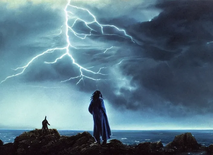 Image similar to a man with a long wavy black hair wearing a long blue coat and stands in the foreground with his back to the viewer. he is on bare rocky ground looking up at an immense approaching lightning storm. roiling dramatic threatening dangerous looming clouds. dramatic fantasy art by michael whelan and greg rutkowski