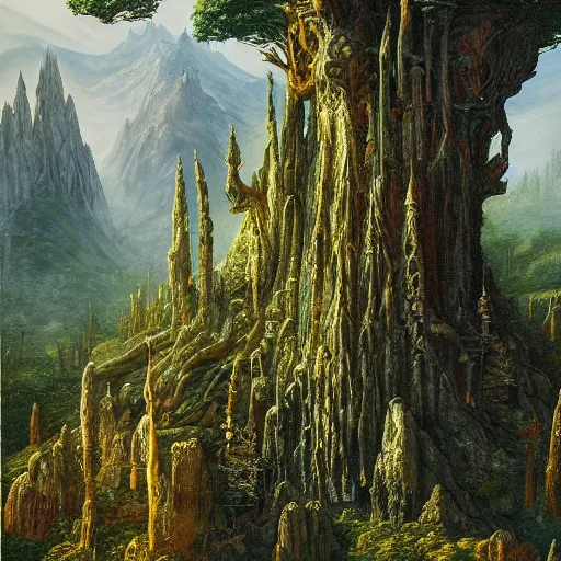 Image similar to a beautiful and highly detailed oil painting of am elven temple deep in the mountains, beautifully detailed ancient trees, lush plant growth, intricate details, epic scale, insanely complex, 8 k, sharp focus, hyper realism, fantasy landscape, psychedelic, by caspar friedrich,