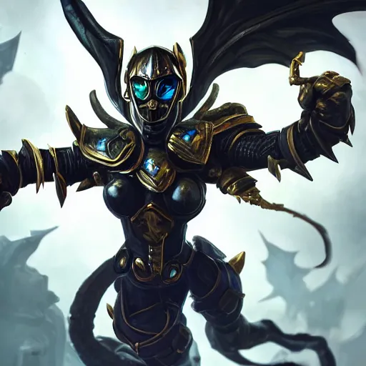 Image similar to portrait of wasp resembling a knight in black monstrous armor with dragonfly wings on its back, league of legends splash art, hearthstone splash art, full body shot, rule of thirds, ultrafine hyperrealistic detailed face, artgerm, greg rutkowski, trending on artstation, 8 k, intricately detailed, highly detailed