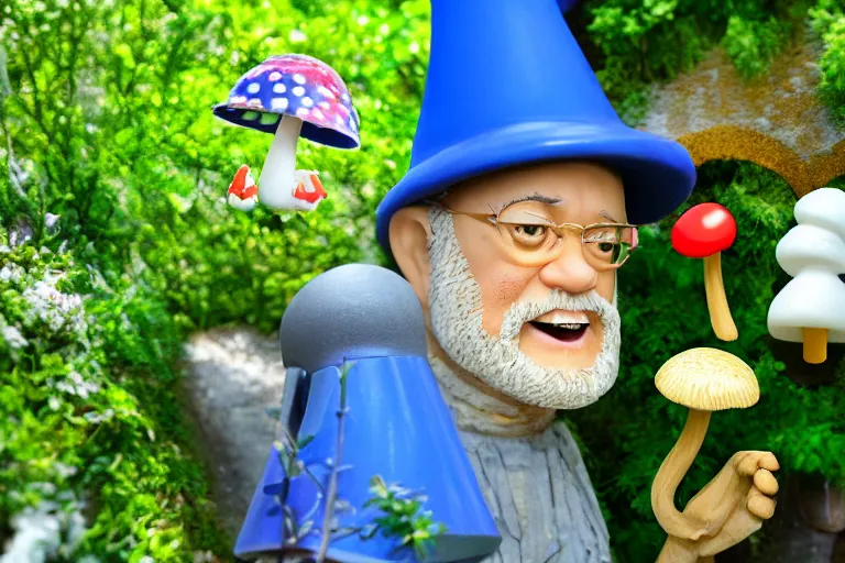 Prompt: tom hanks, anime gnome, on doorstep, mushroom house, lush green plants, flowers, hyper realism, macro shot, blue sky, sunny