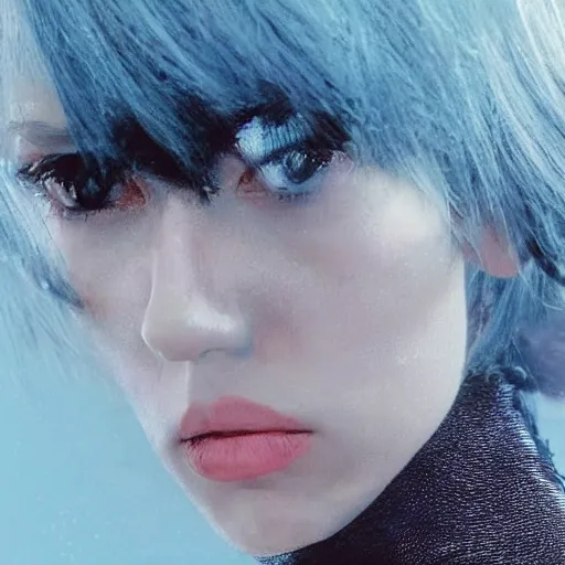 Image similar to a beautiful medium - shot still of scarlett johansson from ghost in the shell looking off into the distance, a - line bob hairstyle, black hairs, ultra realistic, soft, blue hour, soft neons light from night city falling on her face. focus on her eyes and brows. by annie leibowitz