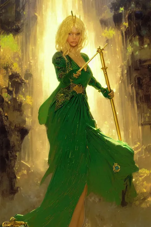 Prompt: blonde female wizard in a green dress, holding a magical sceptre, and wearing a gold ring portrait dnd, painting by gaston bussiere, craig mullins, greg rutkowski, yoji shinkawa