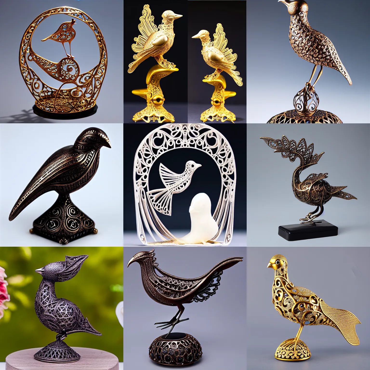 Prompt: hollow filigree bird - shaped statue, with a magical gemstone inside it, detailed 8 k, award - winning photography