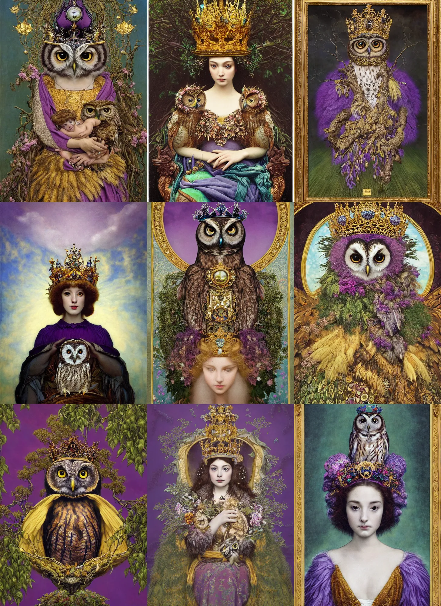 Prompt: “A majestic portrait of an owl wearing a crown, on a throne of branches, storm clouds in the background,mark ryden, titian,Sam Spratt,maxfield parrish,gustav klimt, Tom Bagshaw, alphonse mucha, high detail, 8k, intricate ornamental details, intricate, royalty, vibrant iridescent colors, purple pink and gold”