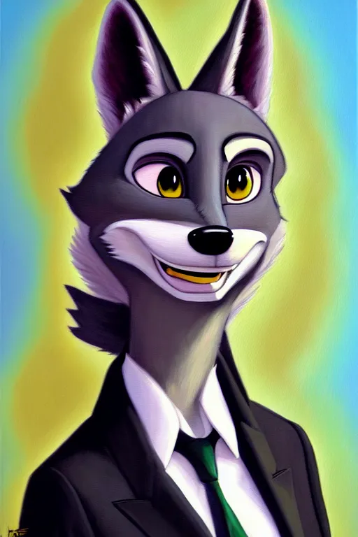 Image similar to oil painting of anthromorphic female wolf, in style of zootopia, female fursona, furry, furaffinity, 4 k, deviantart, furry art, fursona art, wearing black business suit, business suit, wolf fursona, female, smug expression,