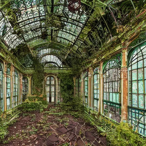 Image similar to abandoned overgrown art nouveau winter garden, epic details