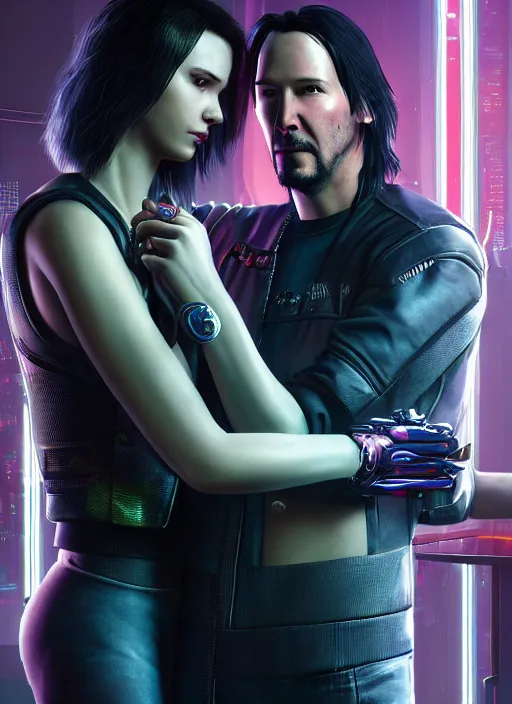 Prompt: a highly detailed photorealistic cyberpunk 2077 couple portrait of a Keanu Reeves as johnny silverhand and a female android in final kiss with lots of electric cable behind them connected to giant computer,couple pose,love,fantasy, intricate, elegant,by Alex Horley and Greg Rutkowski,artstation,deviantart,FAN ART,Unreal Engine,Digital painting,face enhance,8K,golden ratio,cinematic lighting