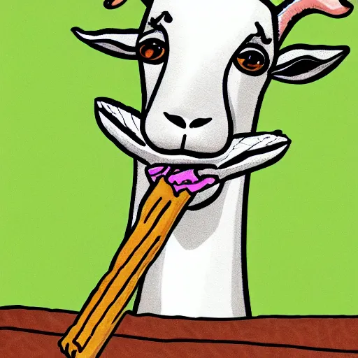 Image similar to high quality !line art! of a goat holding a !churro! stick !in its mouth!
