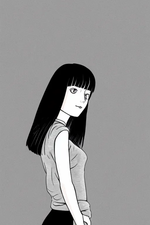 Image similar to portrait of a girl in long pants and a top, hands in pockets, eyes closed, bob haircut, digital art, black and white, lineart by junji ito