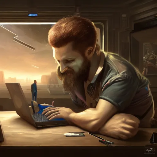 Image similar to realistic man using laptop in gaming room, artstation trends, sci fi concept art, highly detailed, intricate, sharp focus, digital art, 8 k