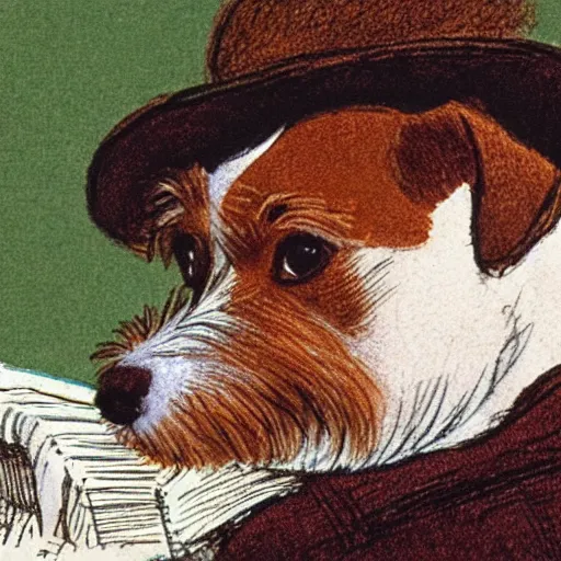 Image similar to closeup candid portrait of jack russel terrier thinking, illustrated by peggy fortnum and beatrix potter and sir john tenniel