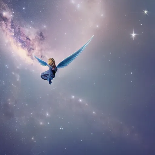 Prompt: photography of a futuristic angel flying through the milky way , photorealistic, , 100mm, sharp, high res