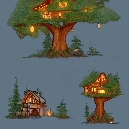 Prompt: detailed concept art of a cozy treehouse with fairy lights, in a redwood forest