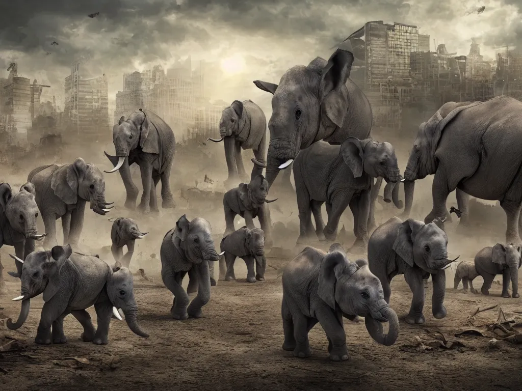 Image similar to apocalyptic city with baby elephants and baby rhino, photorealistic render