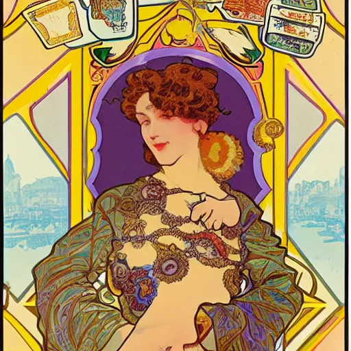 Image similar to a vintage poster with border of a Caucasian fortune teller lady with curly hair, a spread of tarot cards on a table, cats on her side, in a colorful tent, Alphonse Mucha poster ,