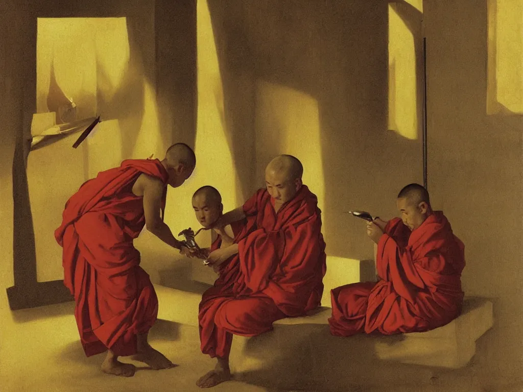 Prompt: Buddhist monk cutting the hair of a novice boy monk. Water in a vase, candle light, moth, window into the night. Painting by Georges de la Tour