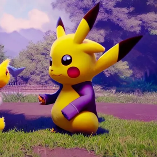 Image similar to Pikachu and Spyro playing together, unreal engine 5, hyperrealistic, gorgeous, award winning by Greg Rutkowski, Sung Choi, Mitchell Mohrhauser