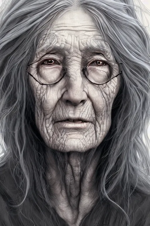 Image similar to very old wrinkled woman crone with long scraggly hair wearing rags, character portrait, concept art, intricate details, highly detailed photorealistic portrait in the style of adam hughes, seseon yoon, artgerm and warren louw