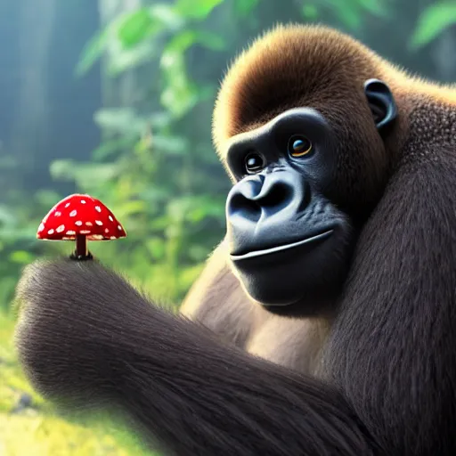 Prompt: a wholesome animation key shot of a small gorilla holding a amanita muscaria, chilled out smirk on face, driving a jeep, studio ghibli, pixar and disney animation, sharp, rendered in unreal engine 5, anime key art by greg rutkowski, bloom, dramatic lighting