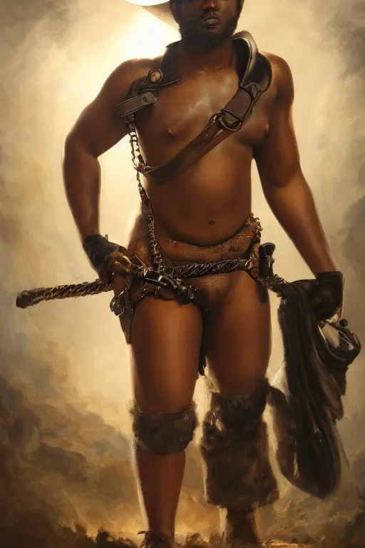 Prompt: a beautiful dramatic epic painting of a thicc black man | he is shirtless and wearing a cowboy hat and leather harness | prairie setting | homoerotic, highly detailed, dramatic lighting | by Mark Maggiori, by William Herbert Dunton, by Charles Marion Russell | trending on artstation