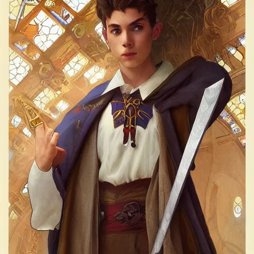 Prompt: a photorealistic male wizard teenager wearing wizard outfit, sharp focus, photograph, art by artgerm and greg rutkowski and alphonse mucha