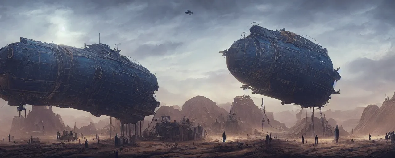 Image similar to Dark blue glowing desert with old steampunk airship as the subject, big and laying in the middle, barely functioning, it has attracted a crowd, very detailed concept art, matte painting, digital art, concept art, realistic beautiful, trending on Artstation, Greg Rutkowski