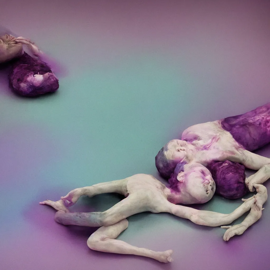 Prompt: cinestill of iridiscent oil with corpses connected by ethernet cables to wax technical forms to a buried baby relaxing on yoga mat, faded, iridiscent gradient, purple fog, depth of field, blur, very detailed, by nadav kander and hans bellmer, 8 k, ultrarealistic, sad atmosphere, cinematic, 8 5 mm lens