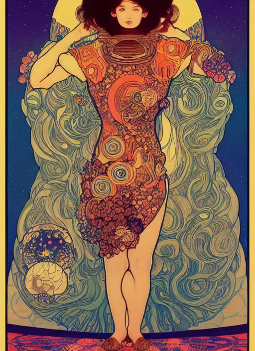 Image similar to fractal cosmonaut girl, poster art by Victor Moscoso Dan Mumford Kilian Eng Hannah Jeffrey Smith Rick Griffin Alphonse Mucha Gustav Klimt Ayami Kojima Amano Charlie Bowater