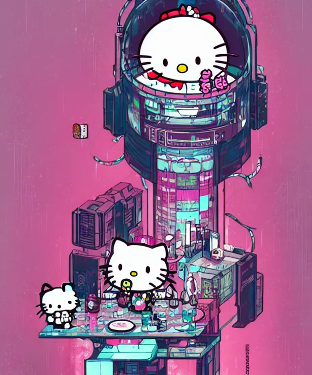 Prompt: a portrait of an anthropomorphic cyberpunk hello kitty eating sushi, cyberpunk!, fantasy, elegant, digital painting, artstation, concept art, matte, sharp focus, illustration, art by josan gonzalez