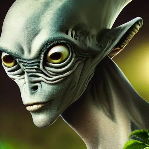 Prompt: portrait painting of an alien, garden, photorealistic, extreme detail, sharp focus, 8 k, intricate, hyper detailed, realistic, cinematic lighting