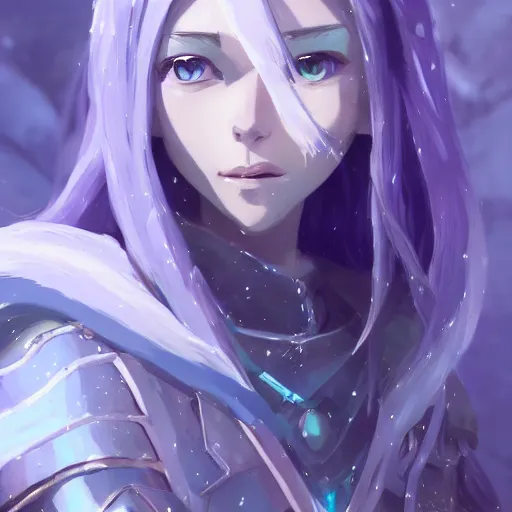 Image similar to an elf girl with grey skin with blues and long purple hair, wearing armor, ice background, highly detailed, digital painting, artstation, matte, by makoto shinkai, animation style, studio ghibli, anime key visual