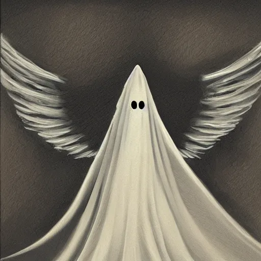 Image similar to ominous bedsheet ghost floating on the wing of a plane, oil painting, brush strokes, gloomy foggy atmosphere, symmetrical, full body image, highly ornate intricate details,