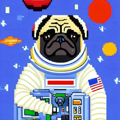 Image similar to pixel art, oil canvas, highly detailed, astronaut pug in space.