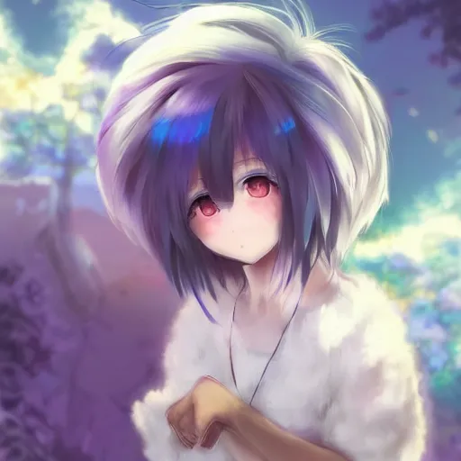 Image similar to advanced full body digital anime art::cute short anime girl dog hybrid, short white hair, purple watery eyes, full round face :: cinematic lighting, very high detail, trending on pixiv :: WLOP, RossDraws, RuanJia, James Jean, Andrei Riabovitchev, Totorrl, Marc Simonetti, Visual Key, and Sakimichan