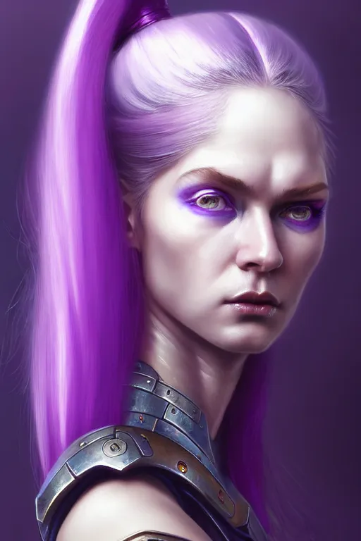 Prompt: alexey gurylev, close up portrait, pale woman in sci - fi armor with purple ponytail hair, mysterious, deep focus, d & d, complex, elegant, highly detailed, digital painting, artstation, concept art, matte, clear focus, illustration, hearthstone, artgerm art, greg rutkovsky and alphonse mucha