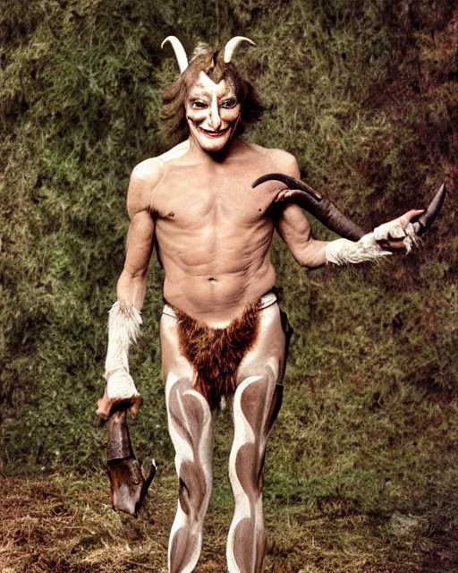 Image similar to actor Roddy McDowell in Elaborate Pan Satyr Goat Man Makeup and prosthetics designed by Rick Baker, Hyperreal, He has goat man legs, cloven feet and horns, He is holding a Pan Flute, he is wearing cargo pants, photos in the style of Annie Leibovitz