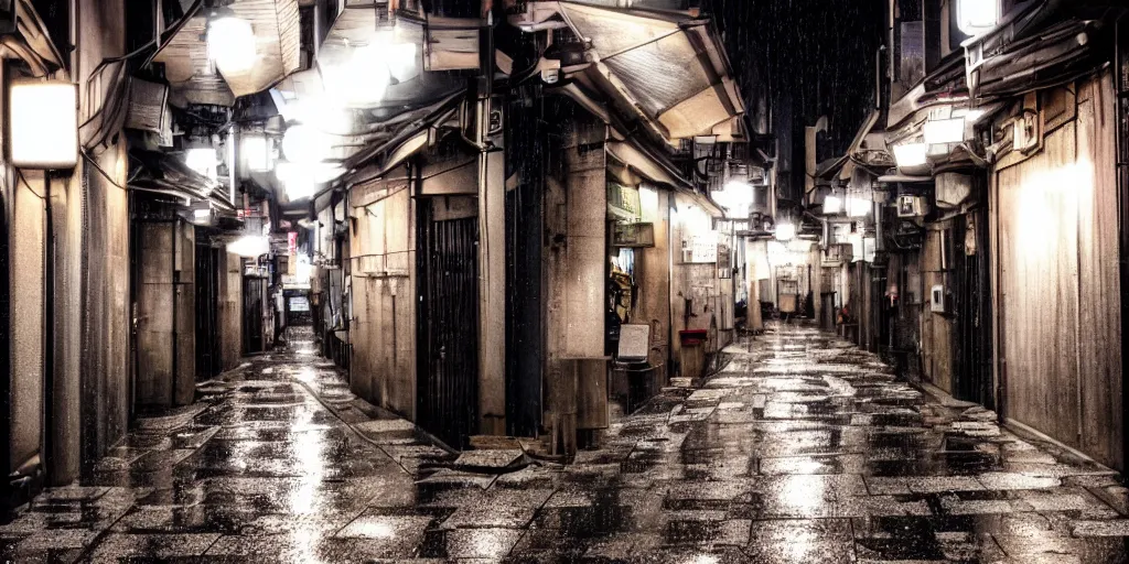 Image similar to quiet tokyo alley at night, raining, hdr, hyper realistic, hyperdetailed, epic composition, cinematic lighting, masterpiece, street photography