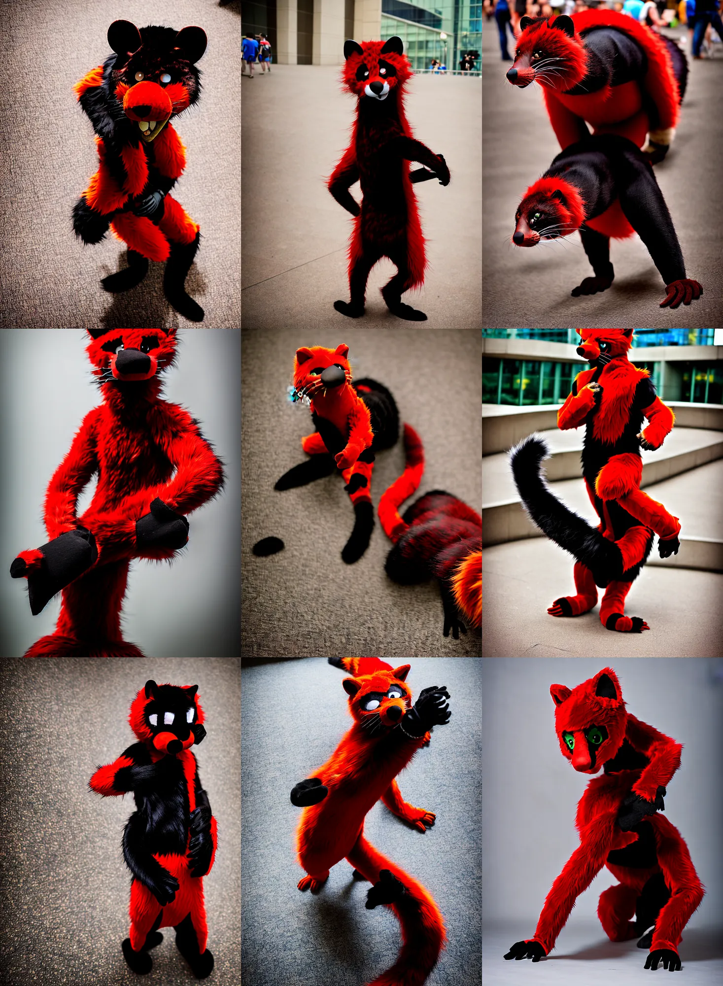 Image similar to fullbody photoshoot photo portrait of a roguish male red - black furred weasel furry fursuiter ( tail attached ), taken at anthrocon ( furry convention )